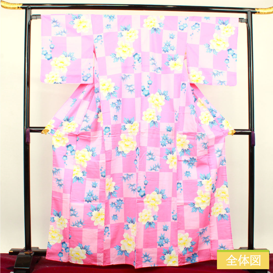 Yukata Cotton Length 165.5cm Sleeve length 66cm S rank Single layer Pink Checkered Peony Plum Autumn leaves 1118004652513