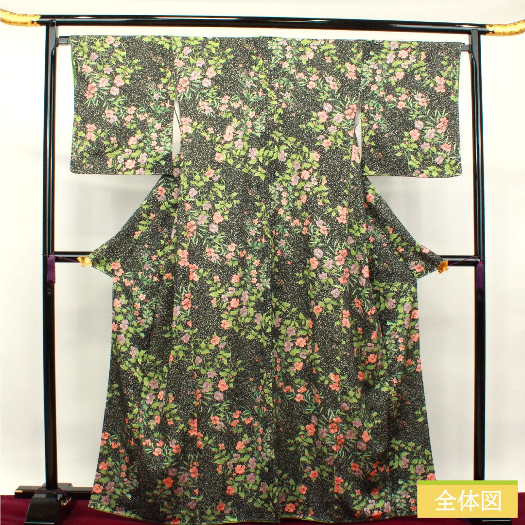 Small pattern, polyester, length 166cm, sleeve length 67cm, lined, washable kimono, floral pattern, taped dyeing, with basting thread, S rank, black, 1115003982510