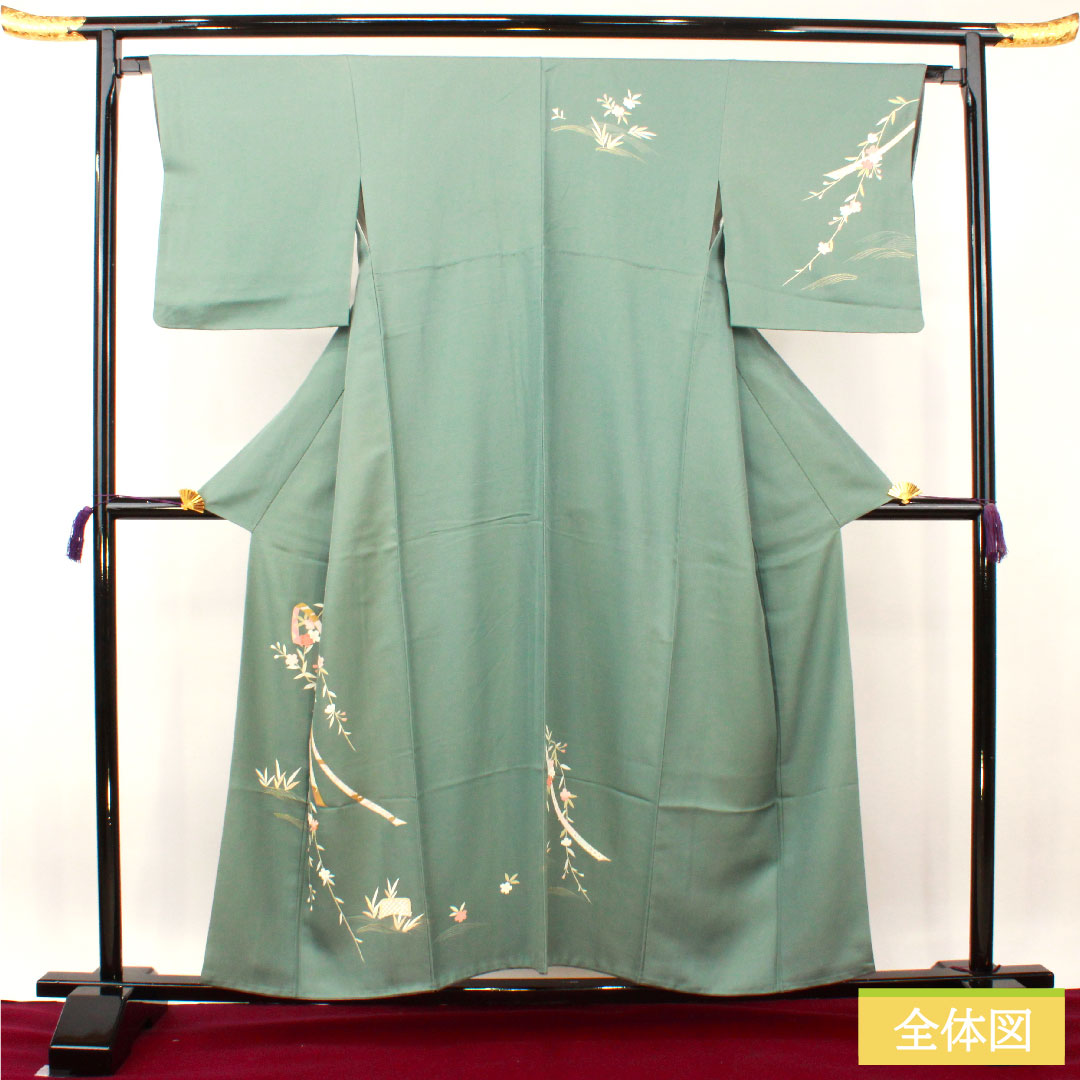 Homongi, pure silk, lined, length 156cm, sleeve length 65.5cm, rust celadon color, Kyo-Yuzen, auspicious pattern, A rank, green, 1112003673319