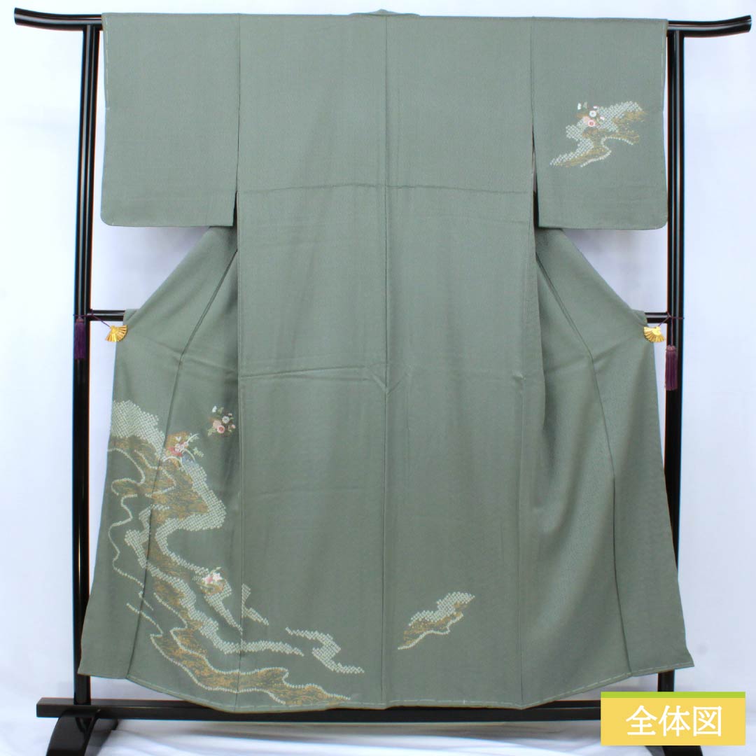 Visiting Kimono (Homongi) - Pure Silk, S-Rank, Lined, Length 153.5cm, Sleeve Length 62.5cm, Fukagawa Nezuiro (Fukagawa Gray), Shibori (Dyed Tie), Suzhou Embroidery, Saaya Pattern, Flowing Water, Small Flowers, Green, Product Number: 1112007112219