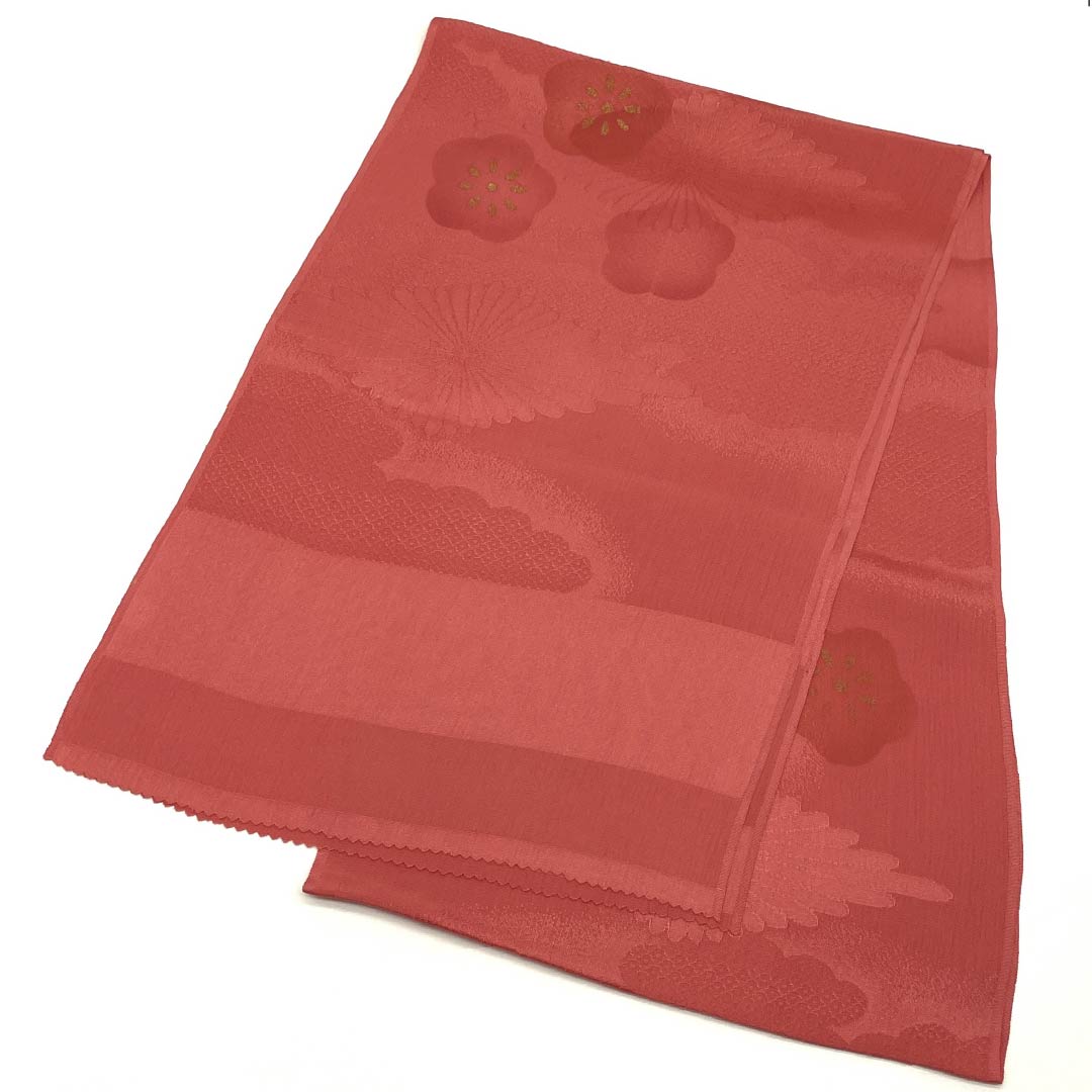 (新古品) 帯揚げ 正絹 フォーマル 甚三紅色(じんざもみいろ) 梅 菊菱 雲取り 長さ約168cm 幅約29.5cm Sランク 赤系 1136000132912