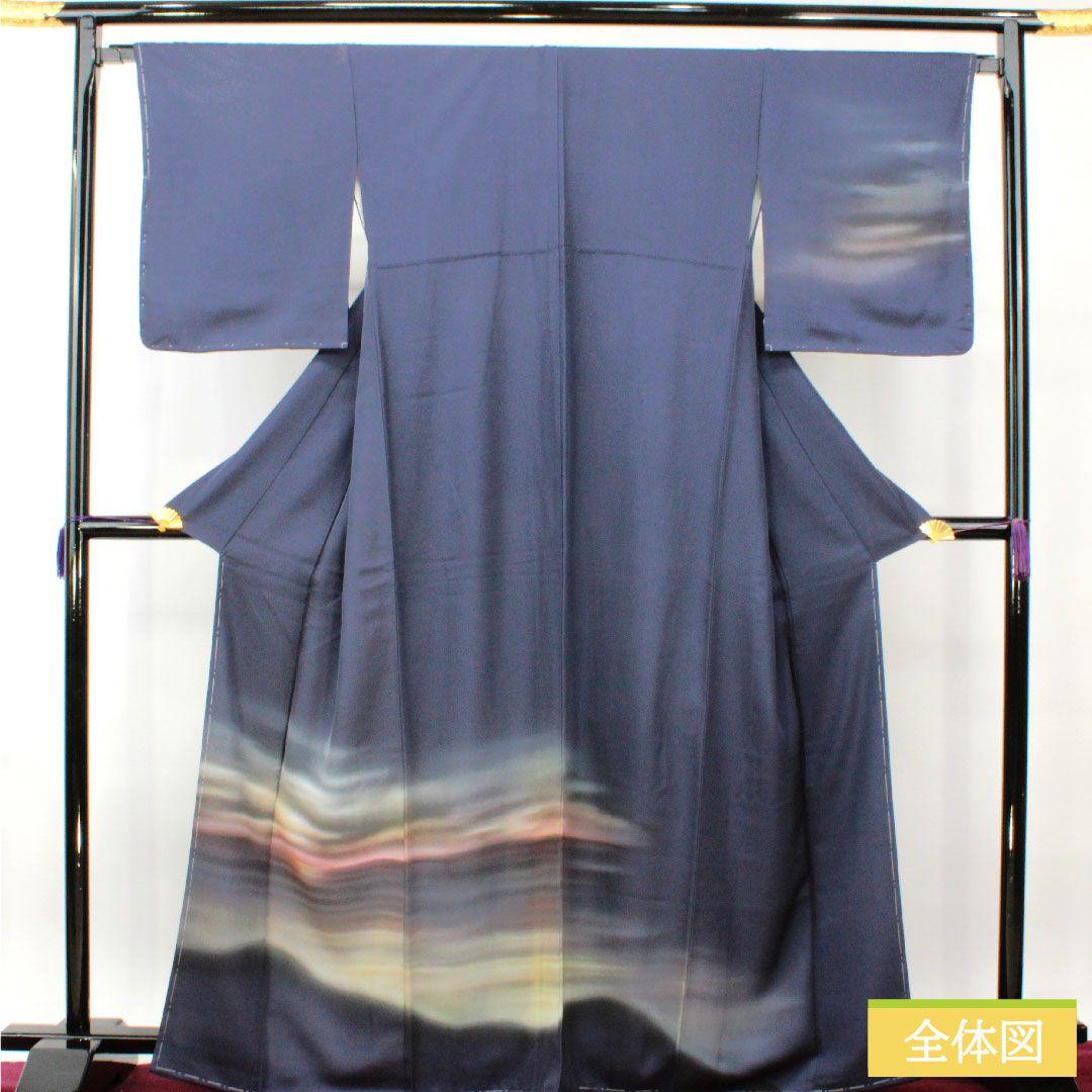 訪問着 正絹 袷 身丈167cm 裄丈66.5cm 瞑色(めいしょく) 風景模様 Aランク 紺系 1112004293518