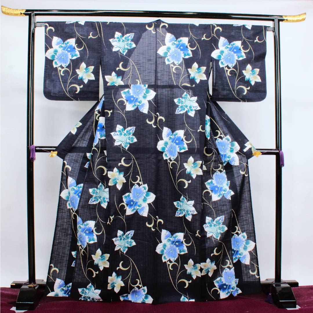 浴衣 濃紺色 萩 紅葉 菊 唐草木綿 Sランク 単衣 身丈167cm 裄丈67cm 紺系 1118004432518