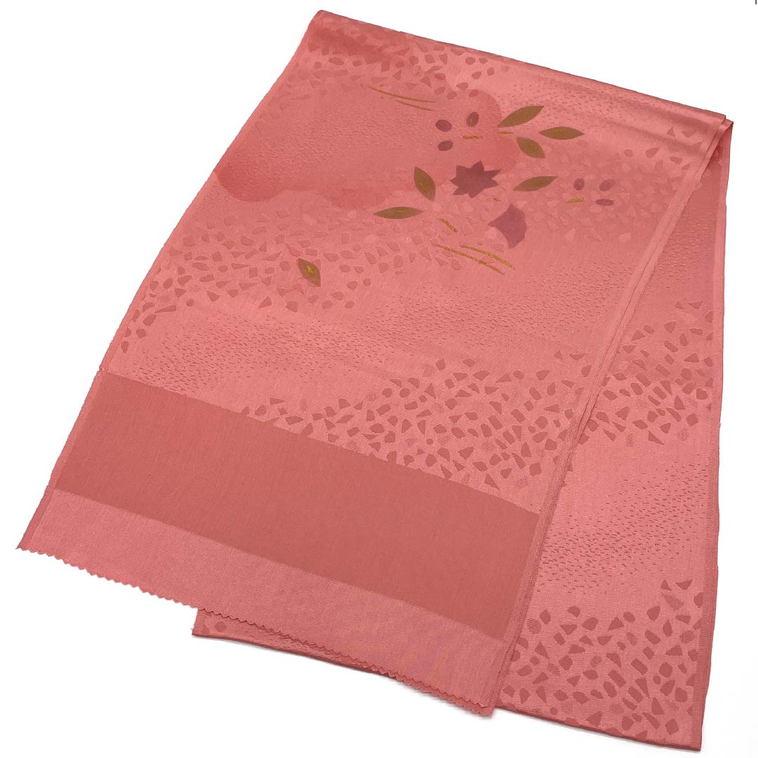 (New old stock) Formal obiage, pure silk, single layer plum color, cloud pattern, floral pattern, new old stock, length 168cm, width 29cm, S rank, pink, 1136000172913