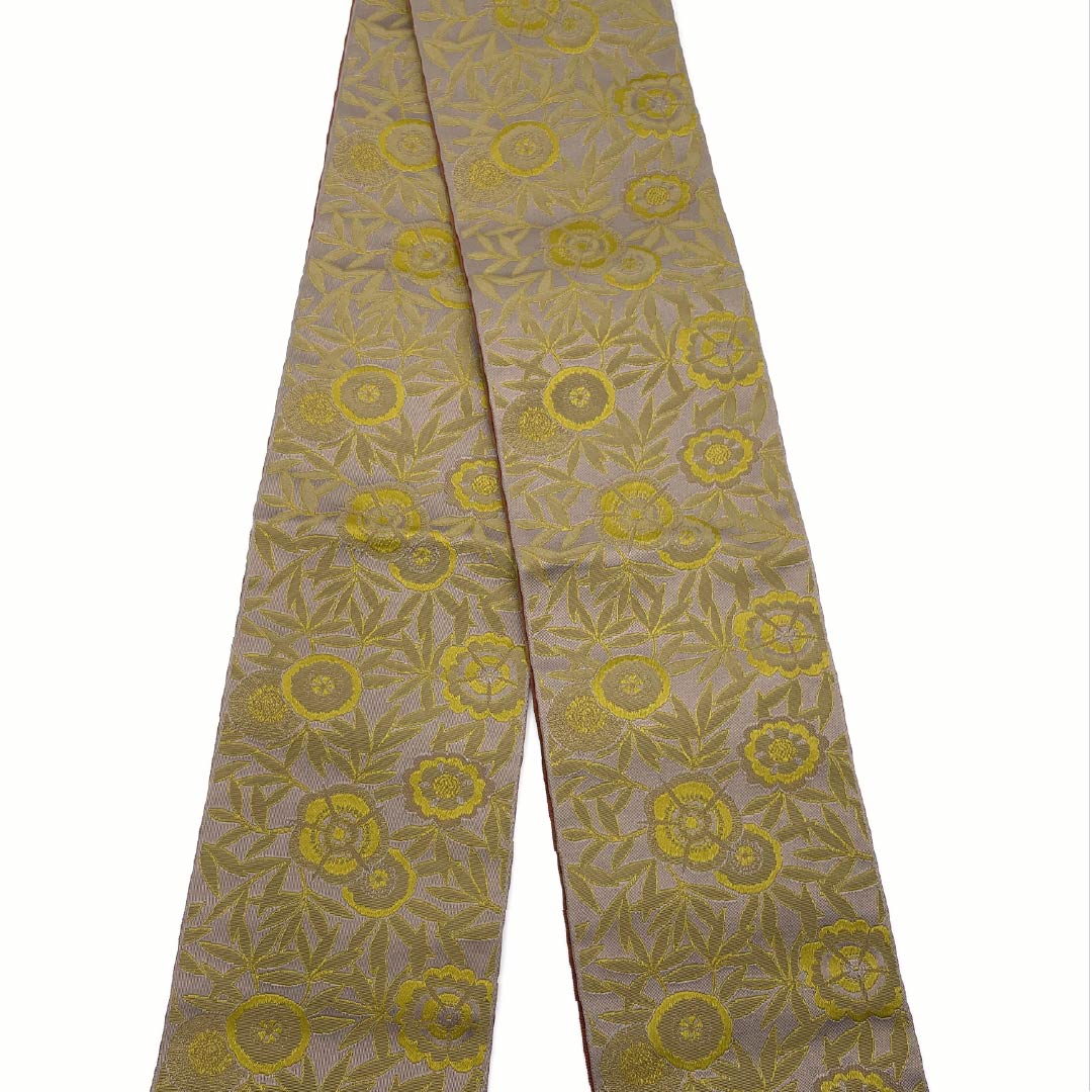 (新品)半幅帯 ポリエステル NEWランク 鼠志野色(ねずみしのいろ) 朱殷色(しゅあんいろ) 抽象花模様 横段 リバーシブル 帯丈400cm 茶系 1125002711414