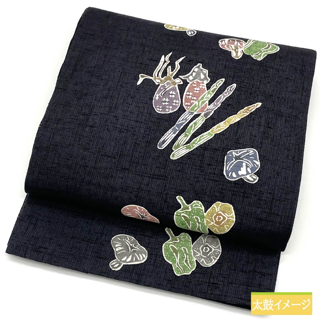 袋帯 正絹 Sランク 野菜 市松 リバーシブル 京紅型 帯丈464cm 六通 カジュアル 黒系 1123015792410