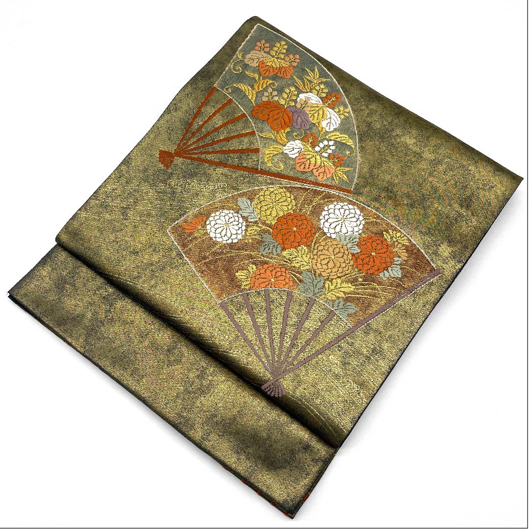 (未仕立)袋帯 金色 扇面 花模様 帯丈443cm 正絹 Sランク 六通 フォーマル 金系 1123005932321