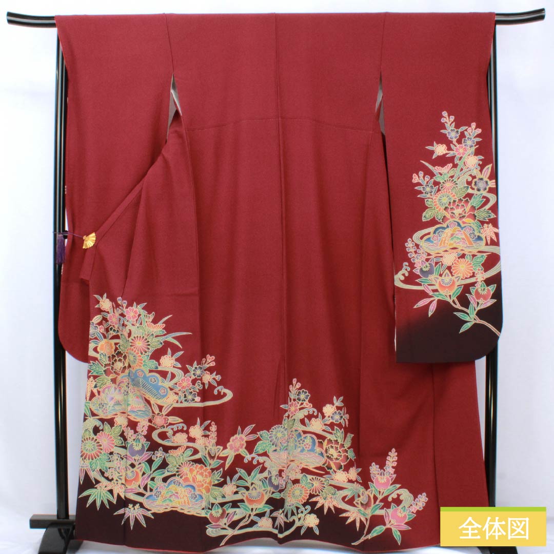 振袖 正絹 Sランク 身丈164cm 裄丈67cm 袷 臙脂色(えんじいろ) 京紅型 吉祥文様 ちりめん地 パールトーン加工 赤系 1113002492412