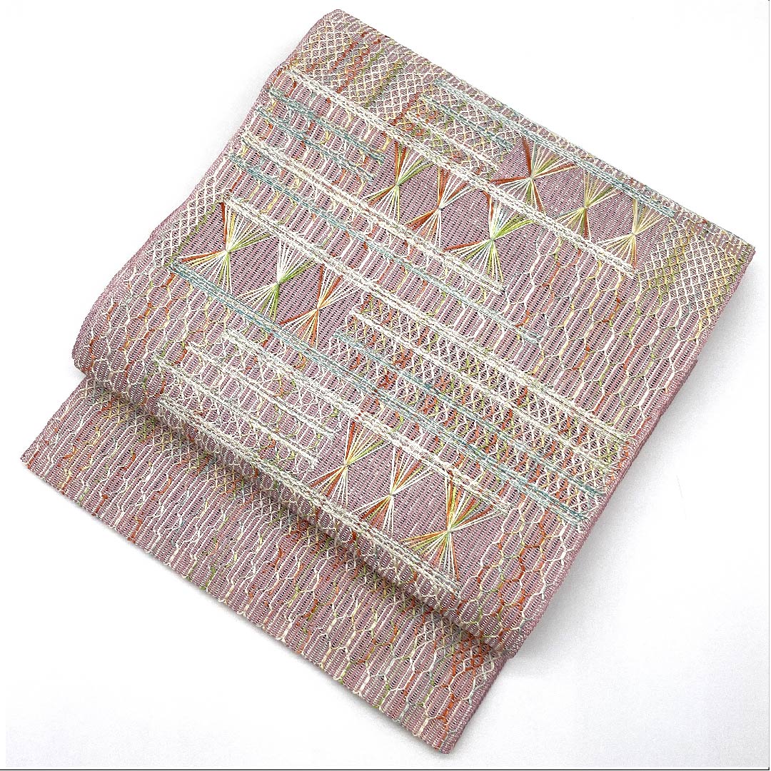 名古屋帯 御所染色 夏帯 紗 抽象模様 帯丈354.5cm 正絹 Sランク 全通 カジュアル ピンク系 1124004282313 松葉仕立て