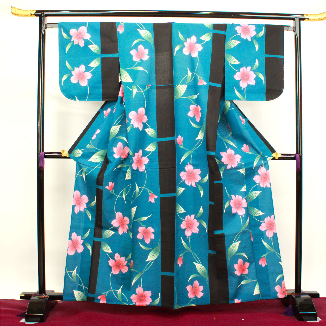 浴衣 納戸色 百合 木綿 Aランク 単衣 身丈162.5cm 裄丈65.5cm 青系 1118003563417