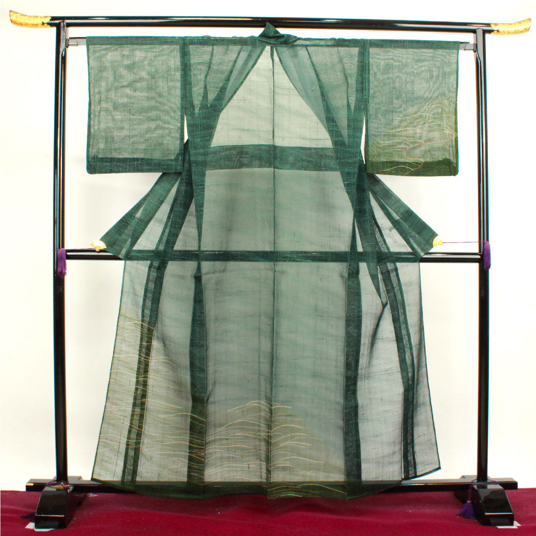 夏物 正絹 訪問着 身丈160cm 裄丈65cm 黒緑色(くろみどりいろ) 抽象模様 紬地 絽 Sランク 緑系 1132000572419