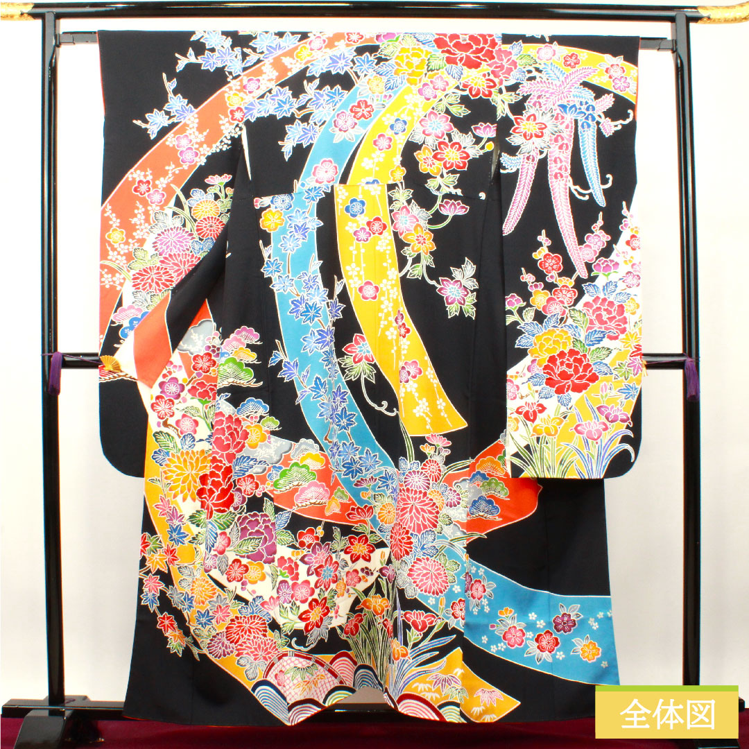 振袖 正絹 身丈157cm 裄丈63cm 袷 京紅型 草花模様 Sランク 黒系 1113001862310