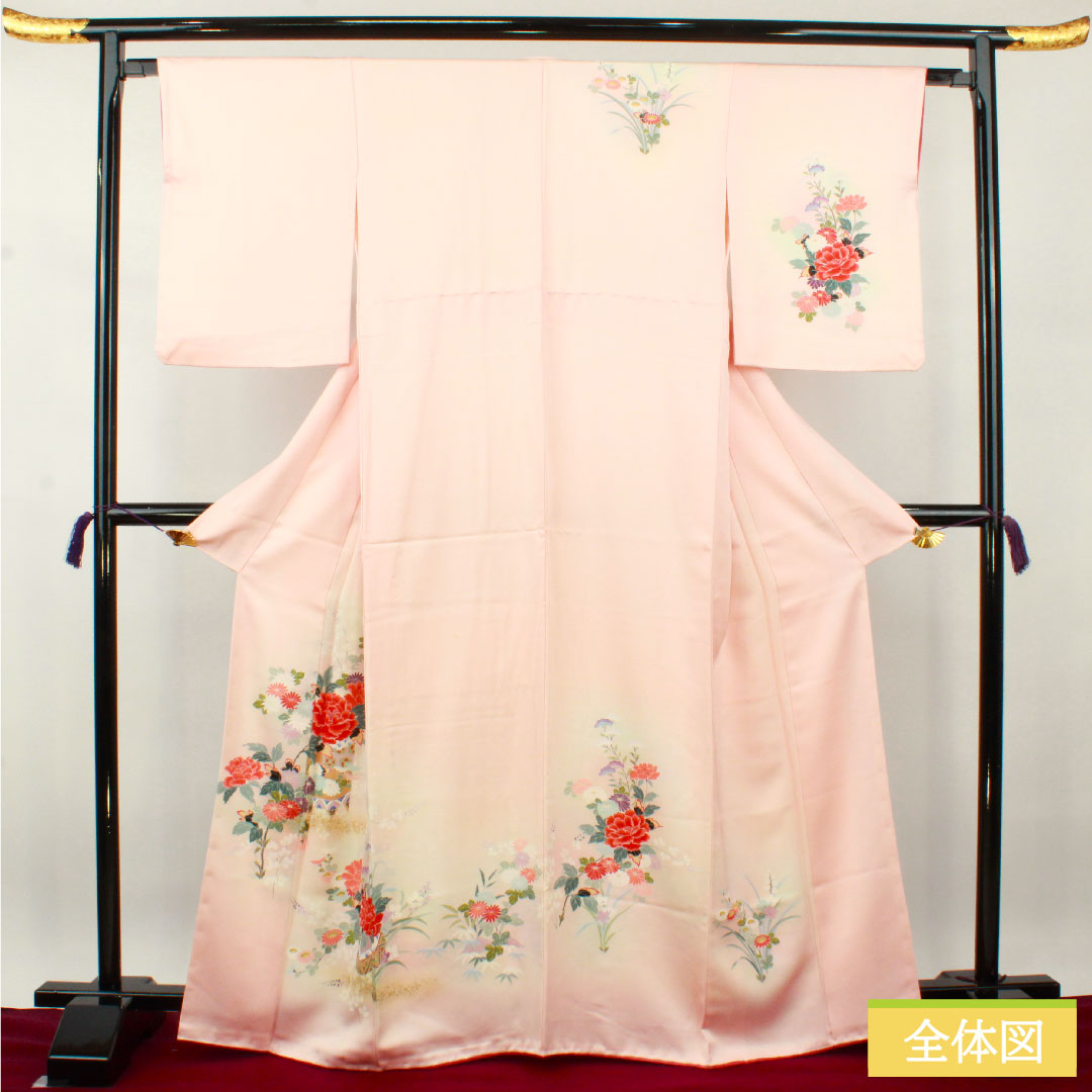 訪問着 正絹 袷 身丈166cm 裄丈63.5cm 曙色 京友禅 草花模様 Aランク ピンク系 1112003713513