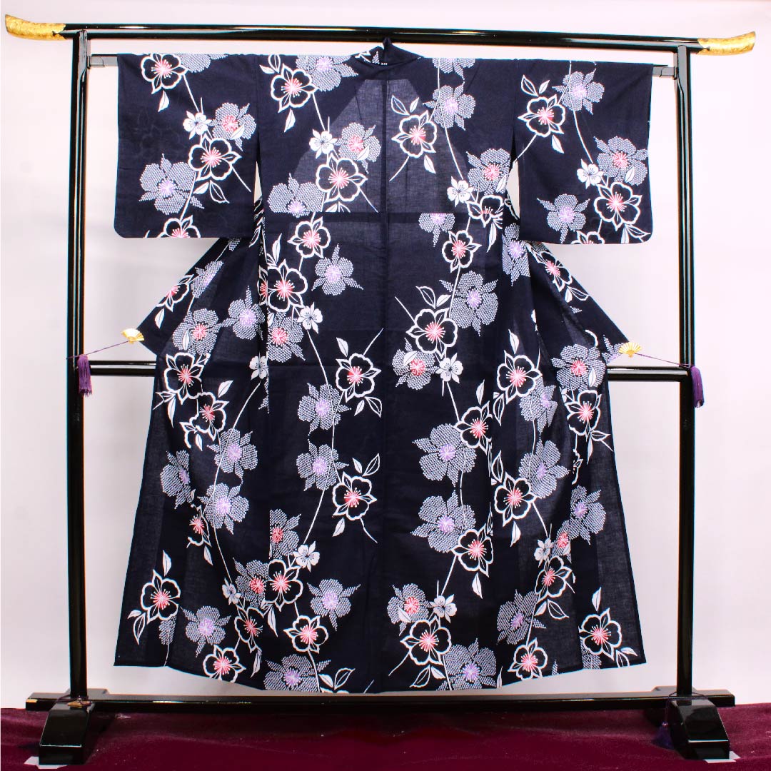 浴衣 濃紺色 桜木綿 Sランク 単衣 身丈154cm 裄丈64cm 紺系 1118004412218