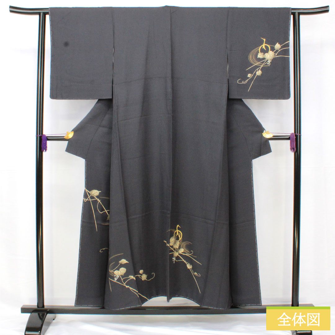 訪問着 正絹 袷 身丈150cm 裄丈62cm 黝色(ゆうしょく) 京友禅 鶴 草花模様 しつけ糸付き 未使用品 Sランク 黒系 1112005532110