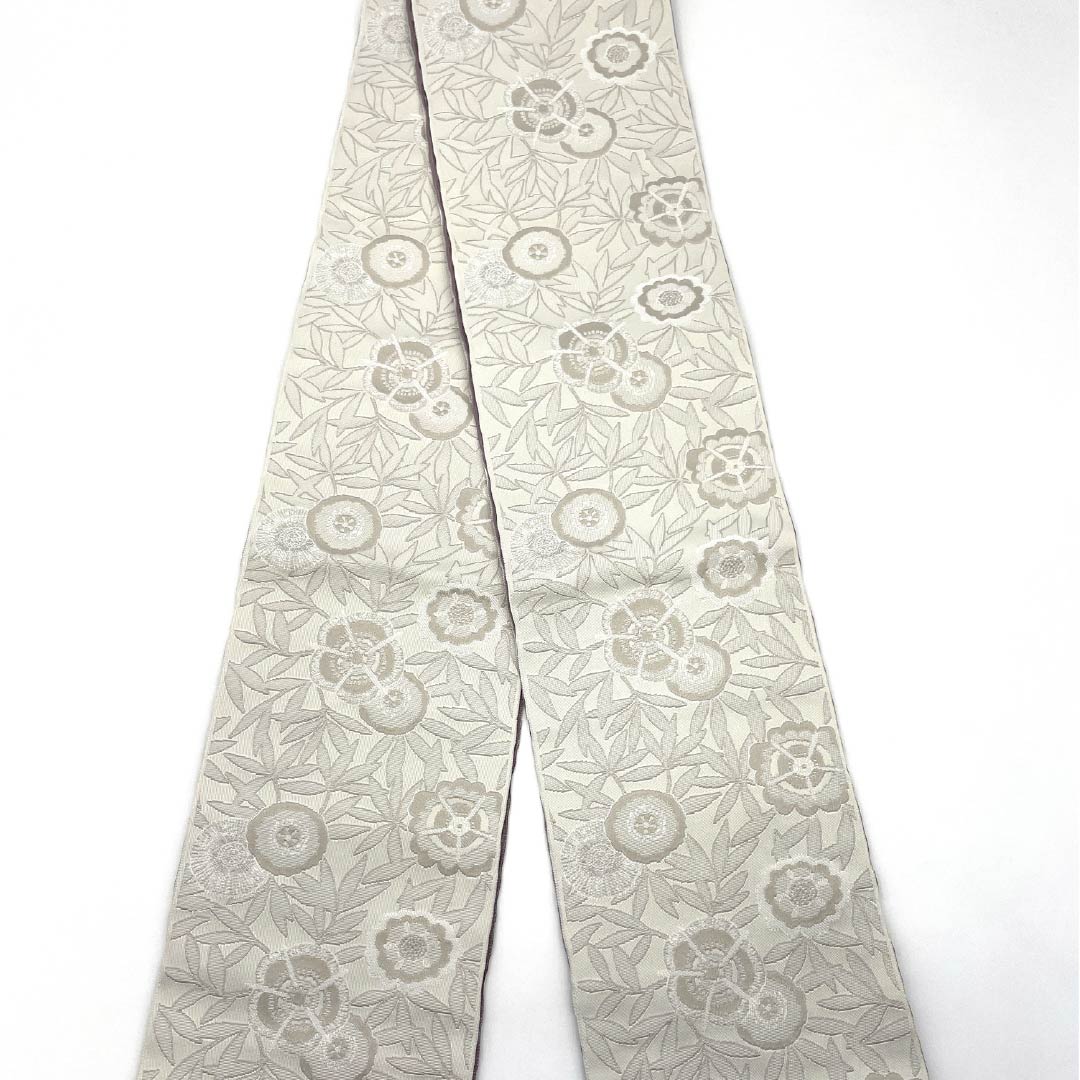 (新品)半幅帯 ポリエステル NEWランク 象牙色(ぞうげいろ) 小豆鼠色(あずきねずいろ) 抽象花模様 横段 リバーシブル 帯丈400cm 白系 1125002821411