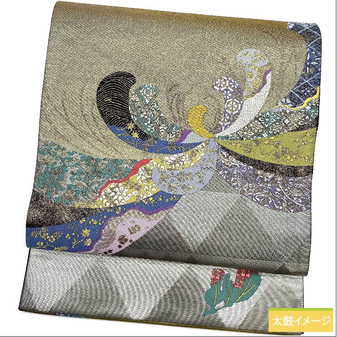 袋帯 金色 乱菊幸結文 鱗 唐花 亀甲 帯丈444cm 正絹 Sランク 六通 フォーマル 金系 1123010732321