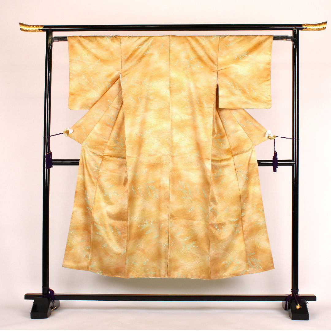 小紋 身丈147.5cm 裄丈61.5cm 袷 洗える着物 流水に葉 ポリ Aランク 黄系 1115000213123