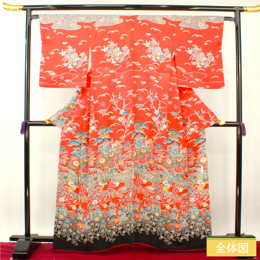 訪問着 正絹 袷 身丈163cm 裄丈64.5cm 猩々緋色 京紅型 吉祥文様 Sランク 朱系 1112004072416