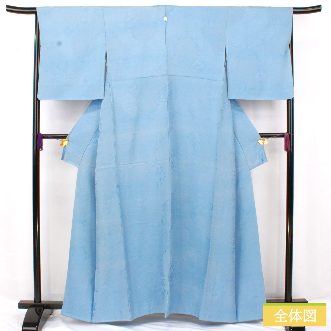 正絹着物#色無地#一つ紋#丸に梅鉢 リサイクル着物】色無地 正絹 身丈162cm 裄丈66.5cm 勿忘草色