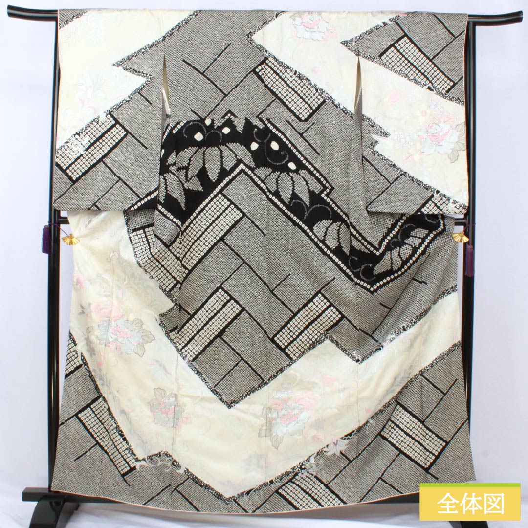 訪問着 正絹 Bランク 袷 身丈161cm 裄丈64.5cm 絞り 銀駒刺繍 重ね衿付き 紗綾形 笹 草花 モノトーン 1112007344427