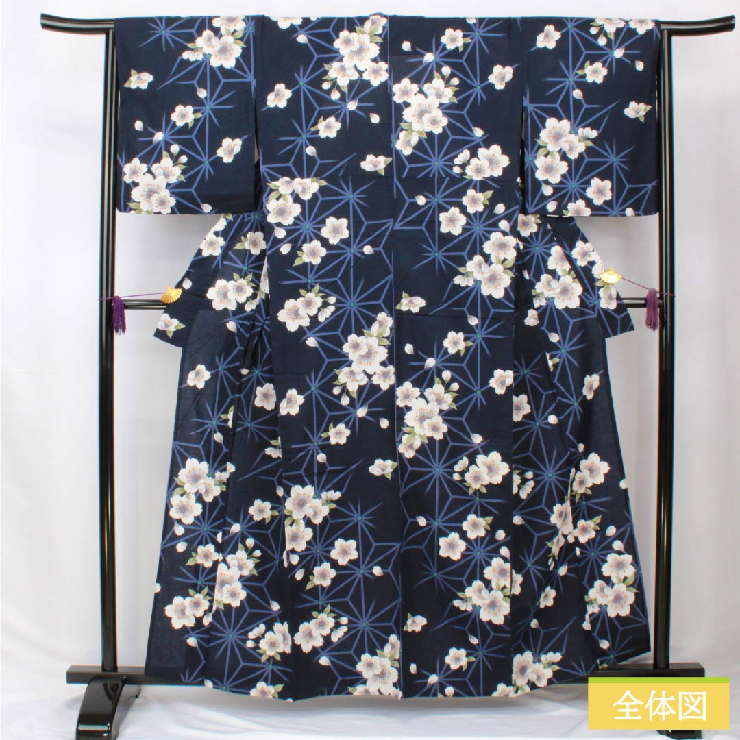 Cotton Yukata, Length 160cm, Sleeve Length 65cm, S Rank, Single Layer, Navy Blue, Cherry Blossom Design, 1118006162418