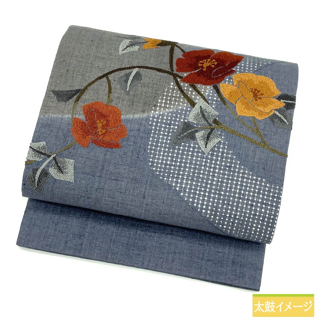 名古屋帯 正絹 Aランク 錫紵色(しゃくじょいろ) 相良刺繡 汕頭刺繍 花柄 帯丈356cm ポイント柄 カジュアル グレー系 1124011503322 開き仕立て