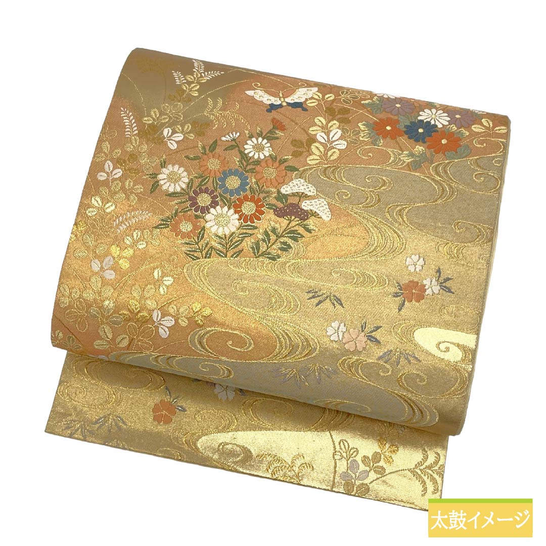 袋帯 正絹 Sランク 金色(きんいろ) 引箔 古典柄 流水 蝶 帯丈428cm 六通 フォーマル 金系 1123018692321