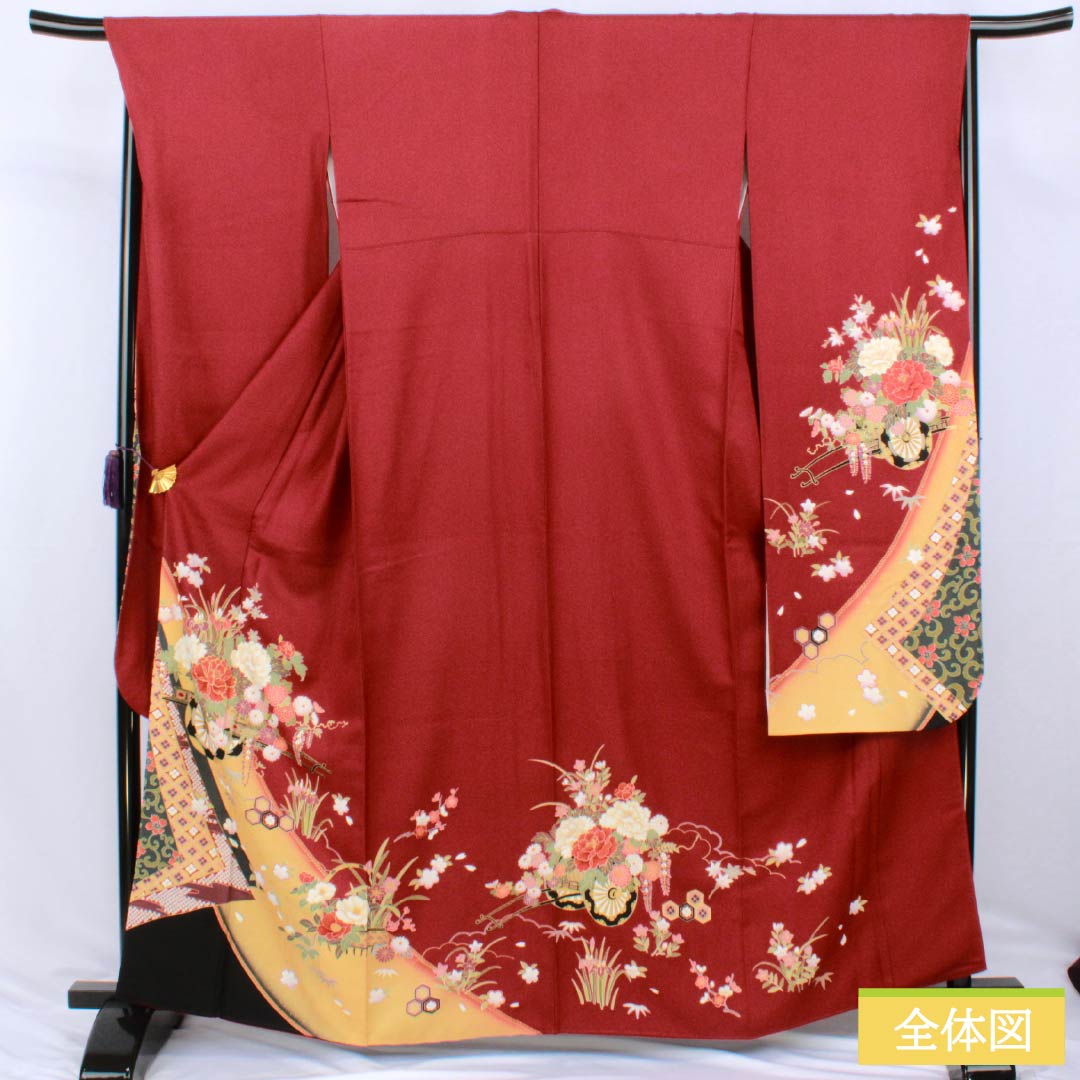 振袖 正絹 Sランク 身丈163cm 裄丈67.5cm 袷 真紅色(しんくいろ) 京友禅 花車 赤系 1113002892412