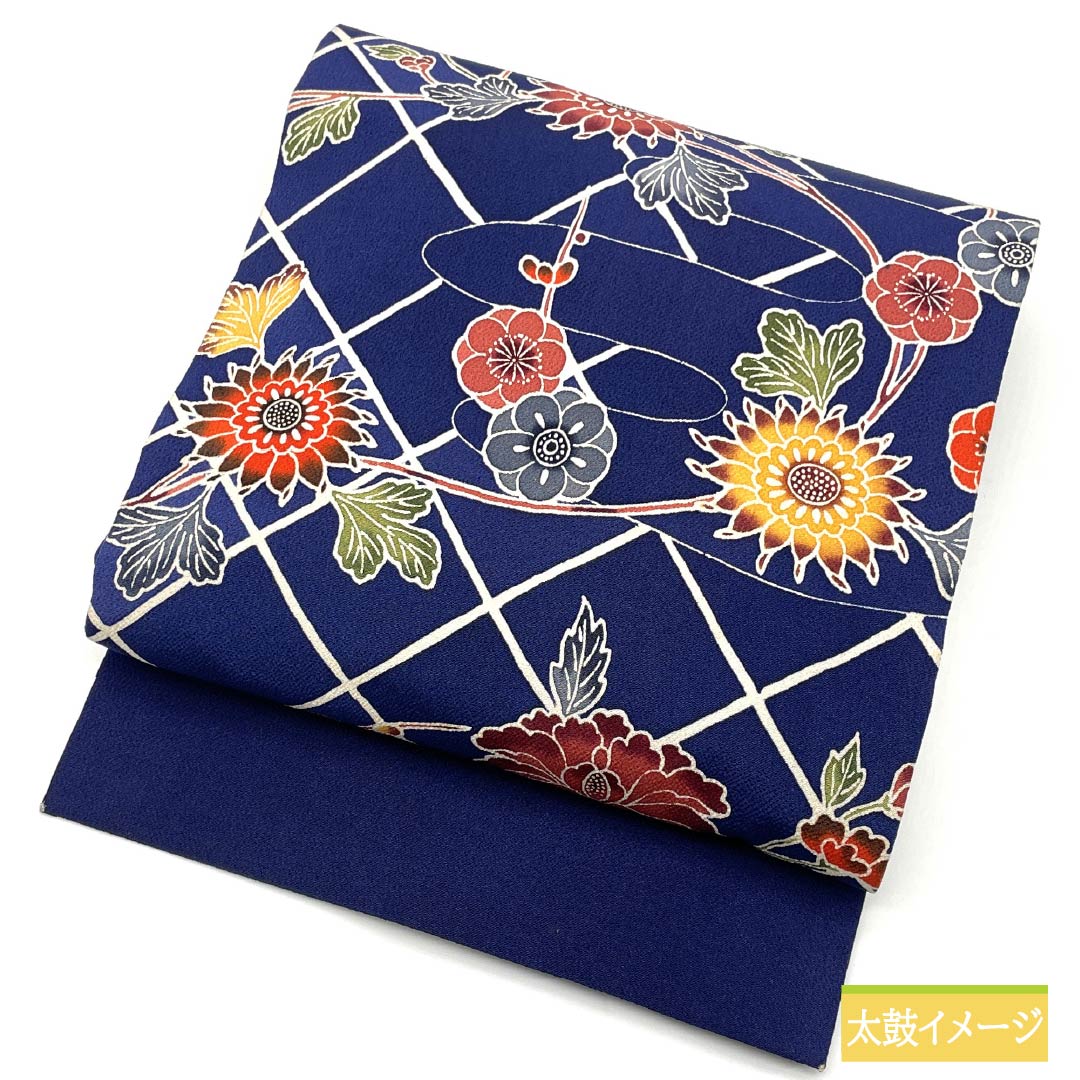 名古屋帯 紺瑠璃色(こんるりいろ) 型染 ちりめん地 斜め格子 帯丈364cm 正絹 Cランク 全通 カジュアル 紺系 1124007865318 名古屋仕立て