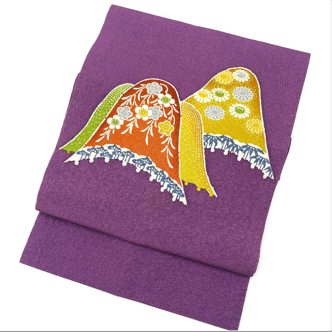 名古屋帯 貝紫色 遠山模様 京紅型 帯丈371cm 正絹 Bランク ポイント柄 カジュアル 紫系 1124004574320 名古屋仕立て