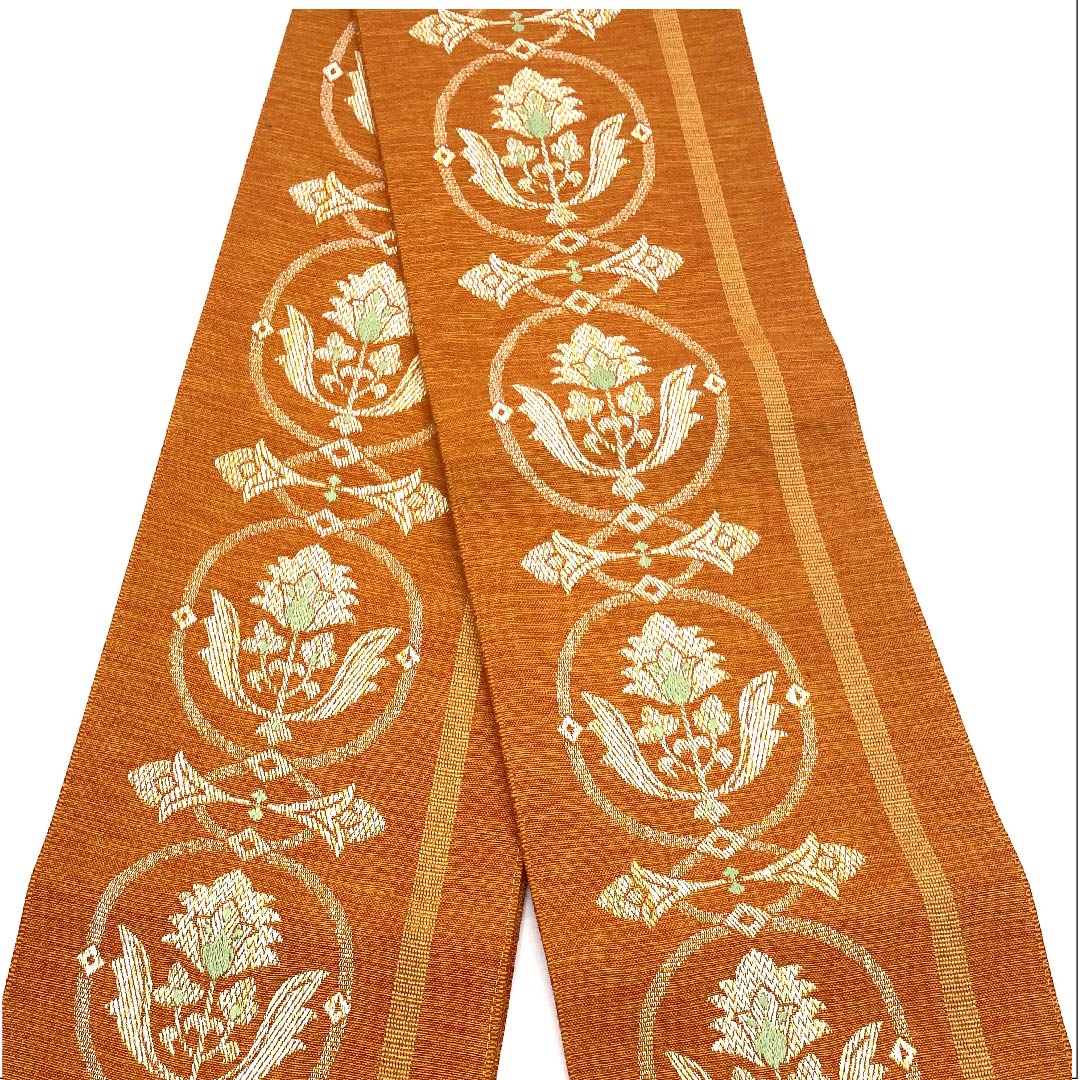 (未仕立)半幅帯 木綿 柿色(かきいろ) 更紗模様 抽象模様 植物模様 兵藤織物 帯丈352cm 橙系 Sランク 1125001232326