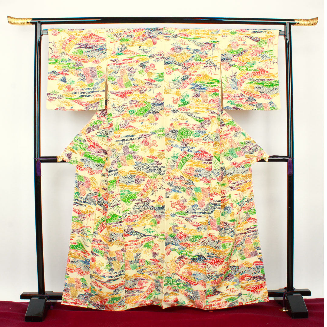 小紋 身丈164.5cm 裄丈68cm 袷 淡黄色 型染 富士山 茶屋辻 正絹 Sランク クリーム系 1115002402415