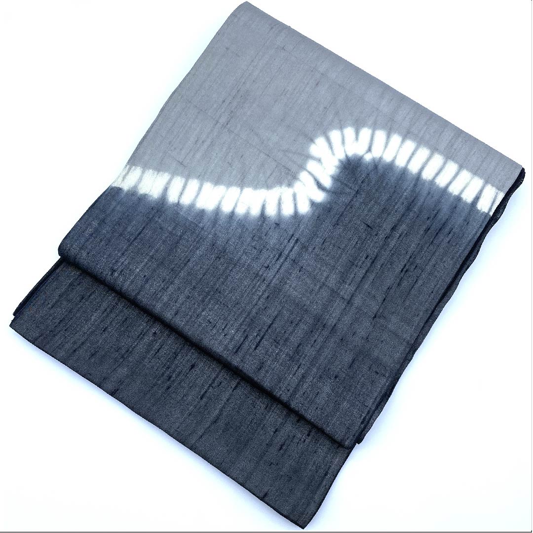 名古屋帯 鋼色 夏帯 紗 絞り 抽象模様 絞り 帯丈370cm 正絹 Aランク ポイント柄 カジュアル グラデーション系 1124004493399 開き仕立て