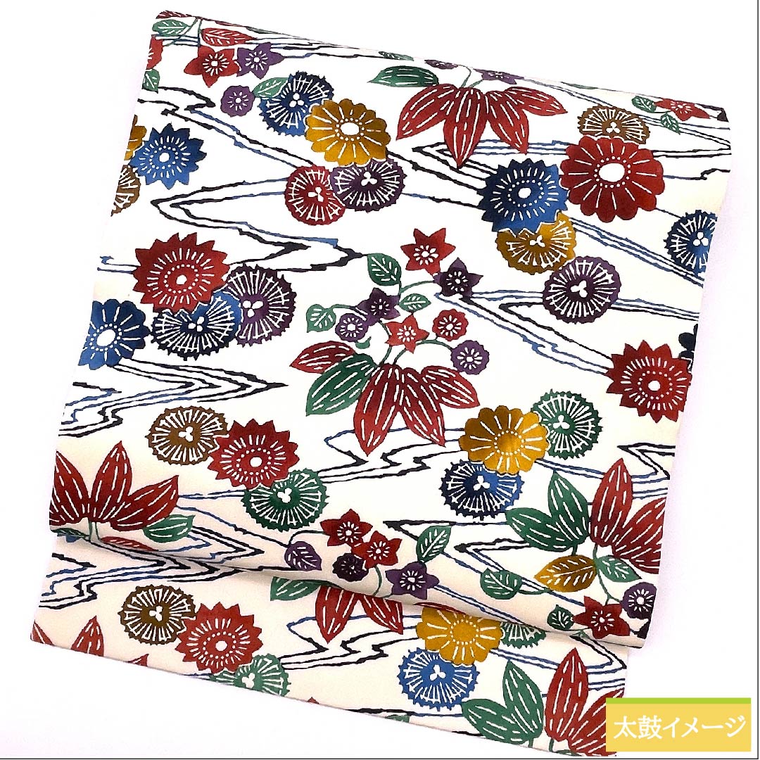 Nagoya obi, natural color, Kyoto Bingata, floral pattern, obi length 361cm, pure silk, S rank, six-pass, casual, white, 1124005292311, Nagoya style