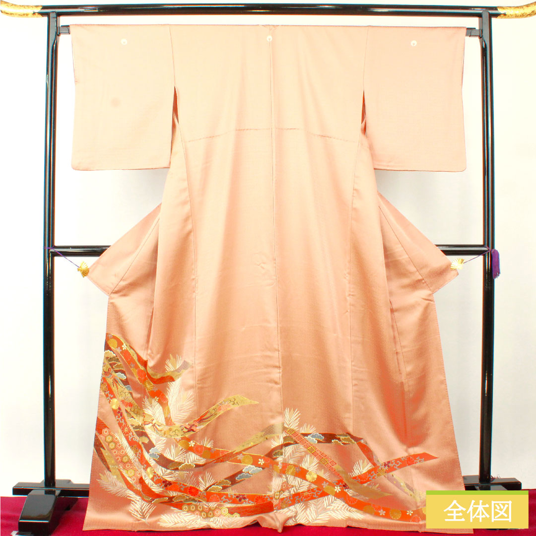 Colored Tomesode, pure silk, length 174cm, sleeve length 67cm, lined, Tokiasagi color, Kyoto Yuzen, hidden plaid, auspicious motif, five crests, downward wisteria, S rank, brown, 1111001412614