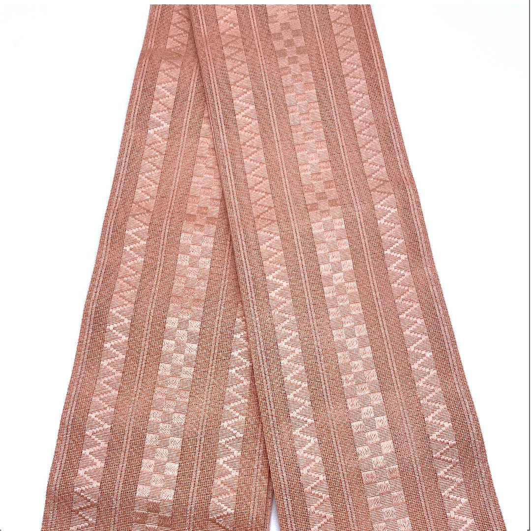 半幅帯 ポリエステル 東雲色(しののめいろ) 幾何学模様 市松 山路文 帯丈398cm ピンク系 Sランク 1125001062313