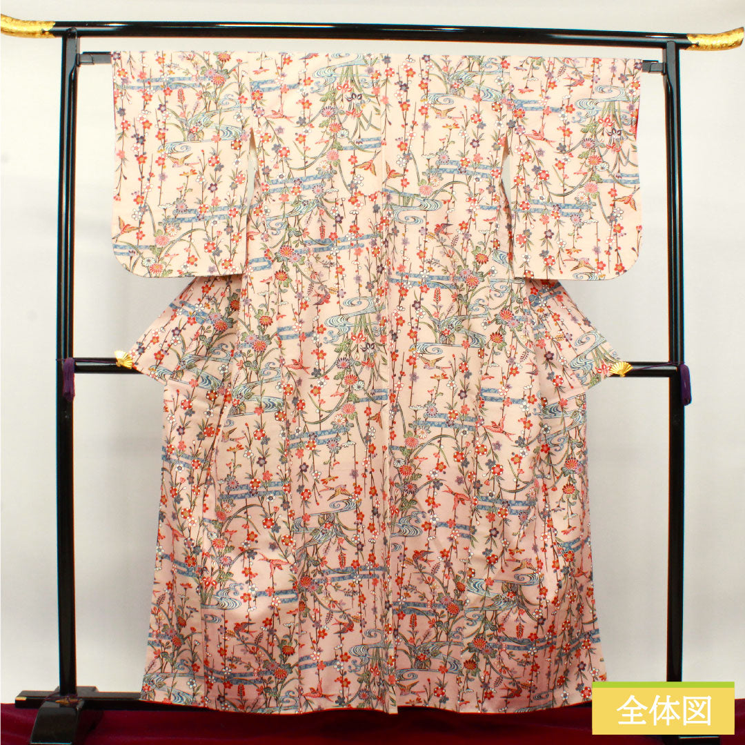 小紋 正絹 身丈159cm 裄丈64cm 袷 乙女色 京紅型 吉祥文様 紬地 しつけ糸付き 未使用品 Sランク ピンク系 1115003692313