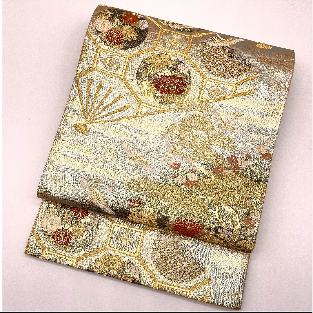袋帯 金色 扇面 松竹梅 鶴 蒔絵 帯丈434cm 正絹 Aランク 六通 フォーマル 金系 1123009103321