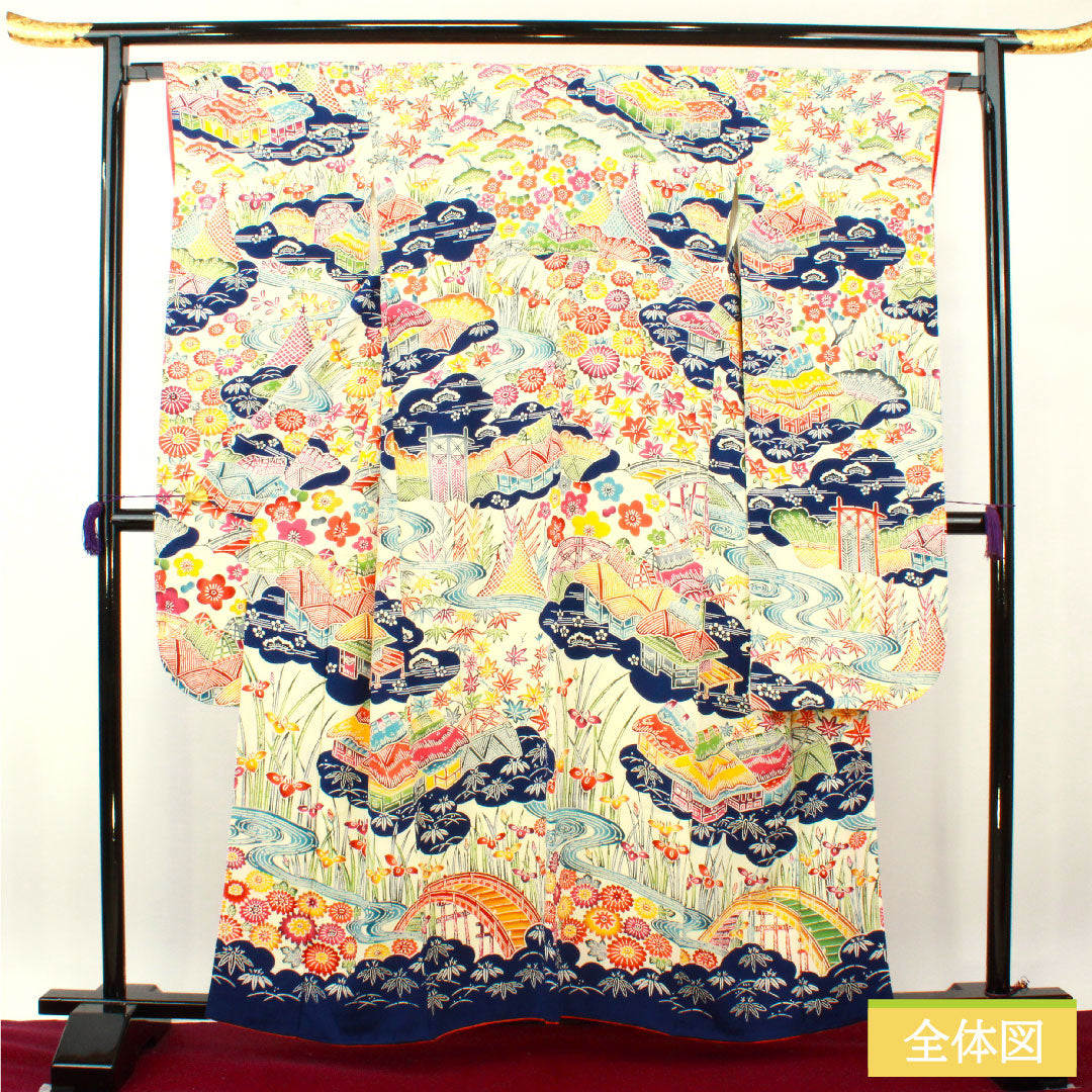 振袖 正絹 身丈160cm 裄丈64.5cm 袷 乳白色(にゅうはくしょく) 京紅型 吉祥文様 Sランク クリーム系 1113002032415