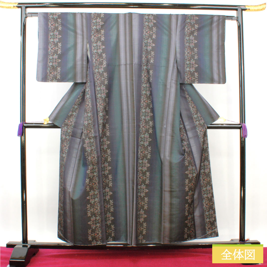 Silk pongee, Length 156cm, Sleeve length 64.5cm, Oshima pongee, Warp and weft kasuri, Stripes, Floral pattern, S rank, Lined, Brown, 1116003462314