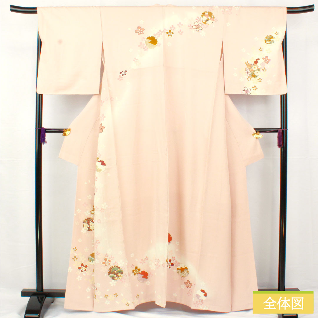 Homongi, pure silk, lined, length 162.5cm, sleeve length 67.5cm, modern colors, Kyo-Yuzen, snowflake, cherry blossom, A rank, pink, 1112005013413