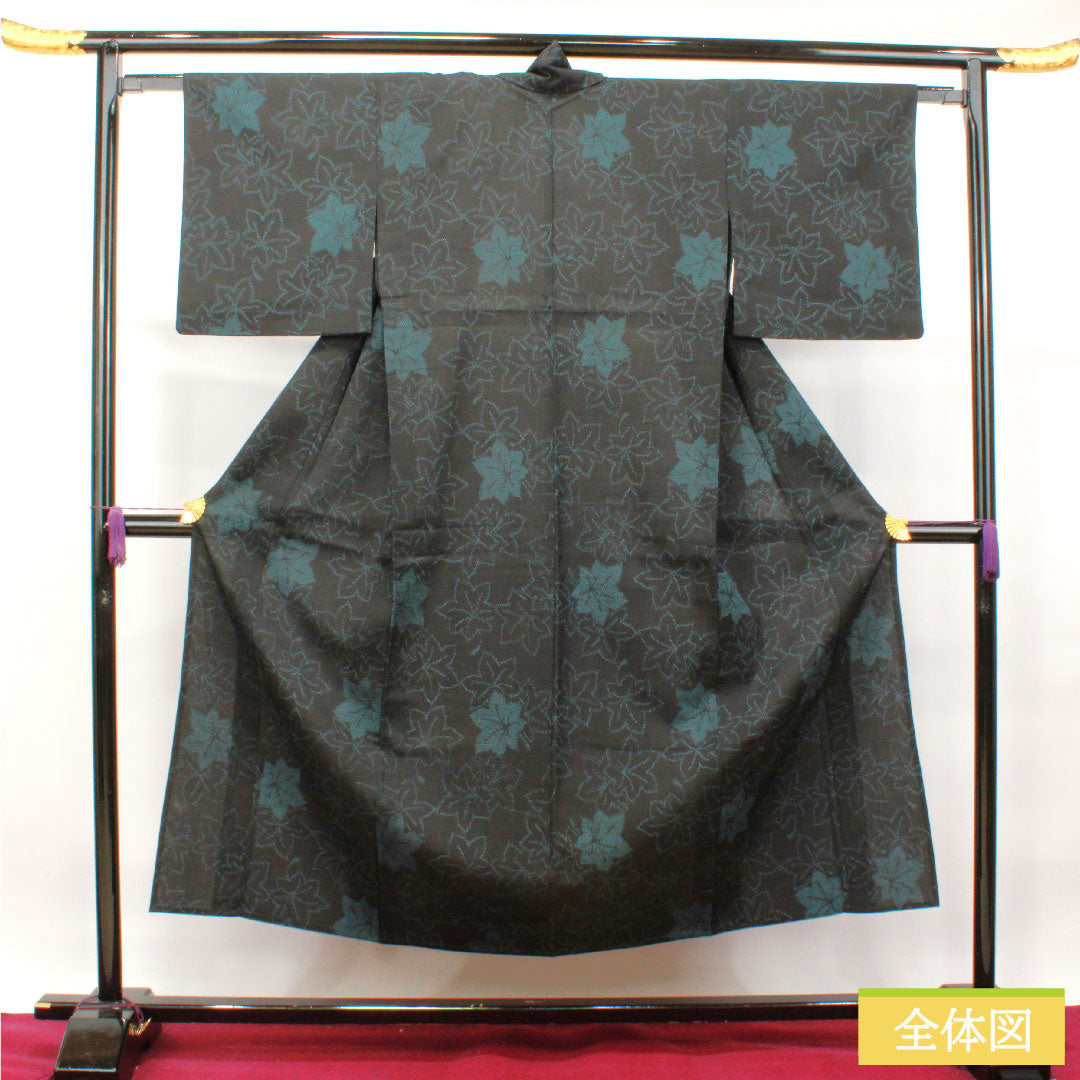 紬 正絹 身丈151.5cm 裄丈62cm 紅葉 Aランク 単衣 黒系 1116003153210