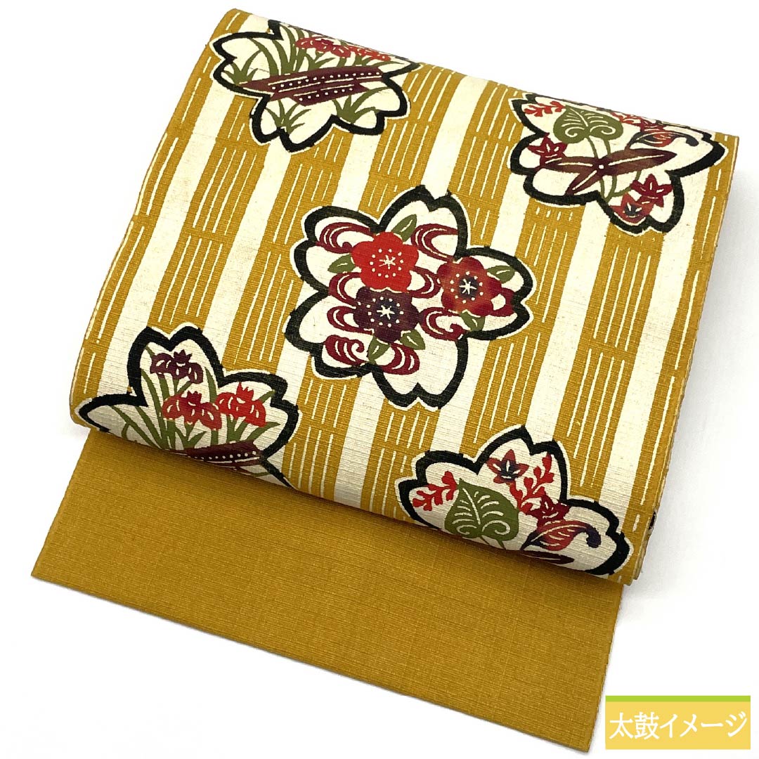 名古屋帯 正絹 Aランク 濃卵色(こいたまごいろ) 型染 紬地 桜 帯丈365cm 六通 カジュアル 黄系 1124009303323 名古屋仕立て