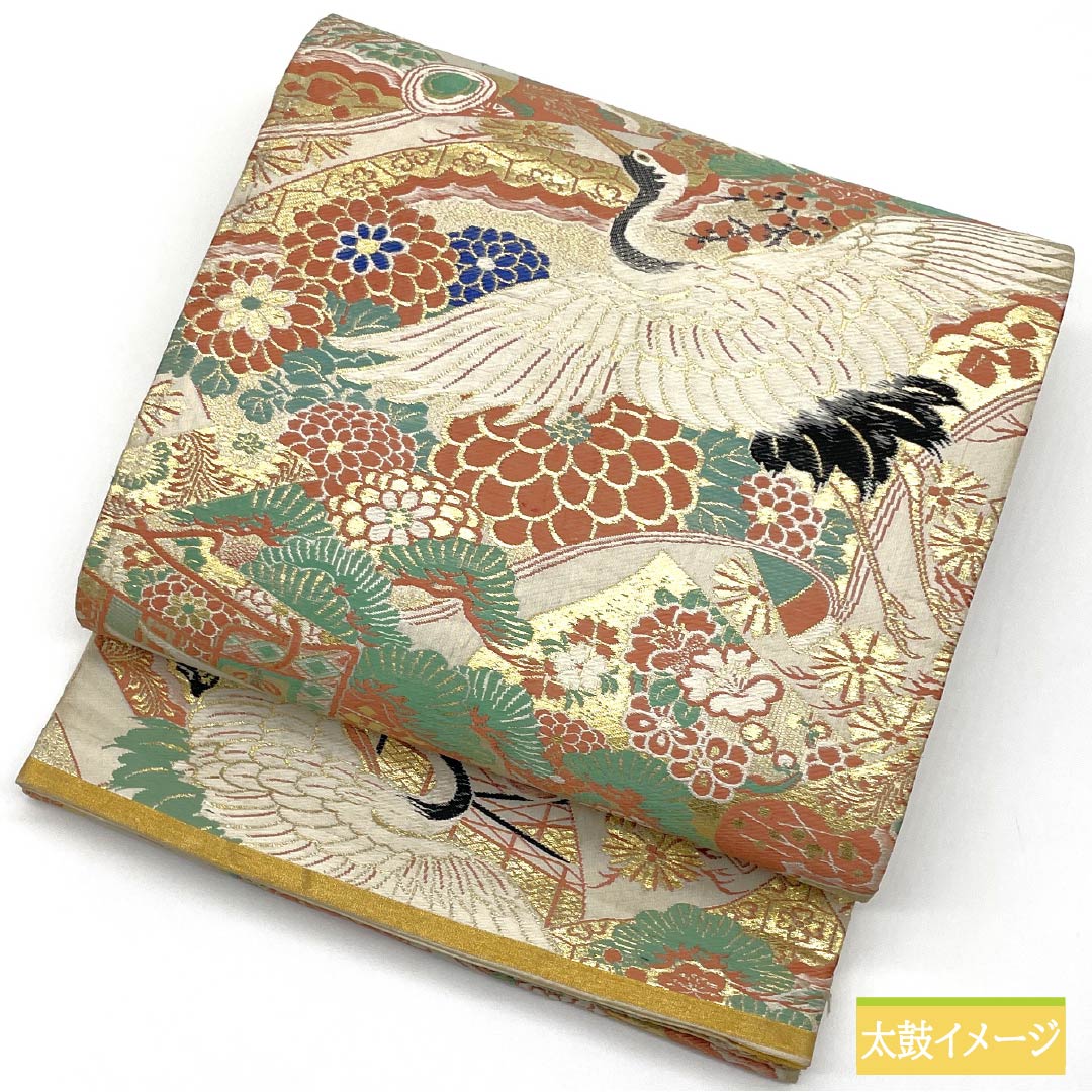 (丸帯)袋帯 正絹 Aランク 丸帯 留袖用 古典柄 鶴 菊 帯丈376cm 全通 フォーマル 金系 1123015773321
