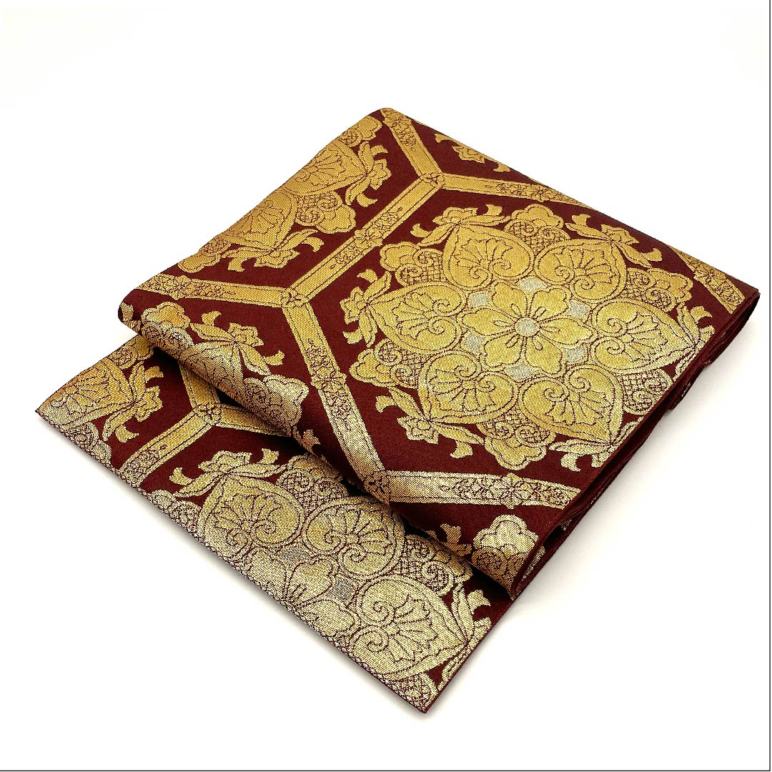 袋帯 紅海老茶色(べにえびちゃいろ) 宝相華 亀甲 帯丈416cm 正絹 Aランク 六通 フォーマル 茶系 1123002883314