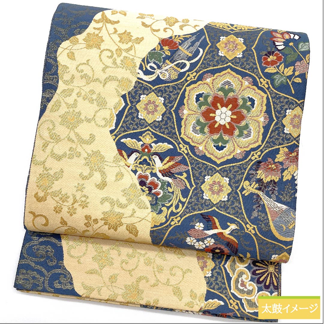 袋帯 裏色(うらいろ) 小木織物 華文 鳳凰 雅楽 帯丈424cm 正絹 Sランク 六通 フォーマル 青系 1123010612317