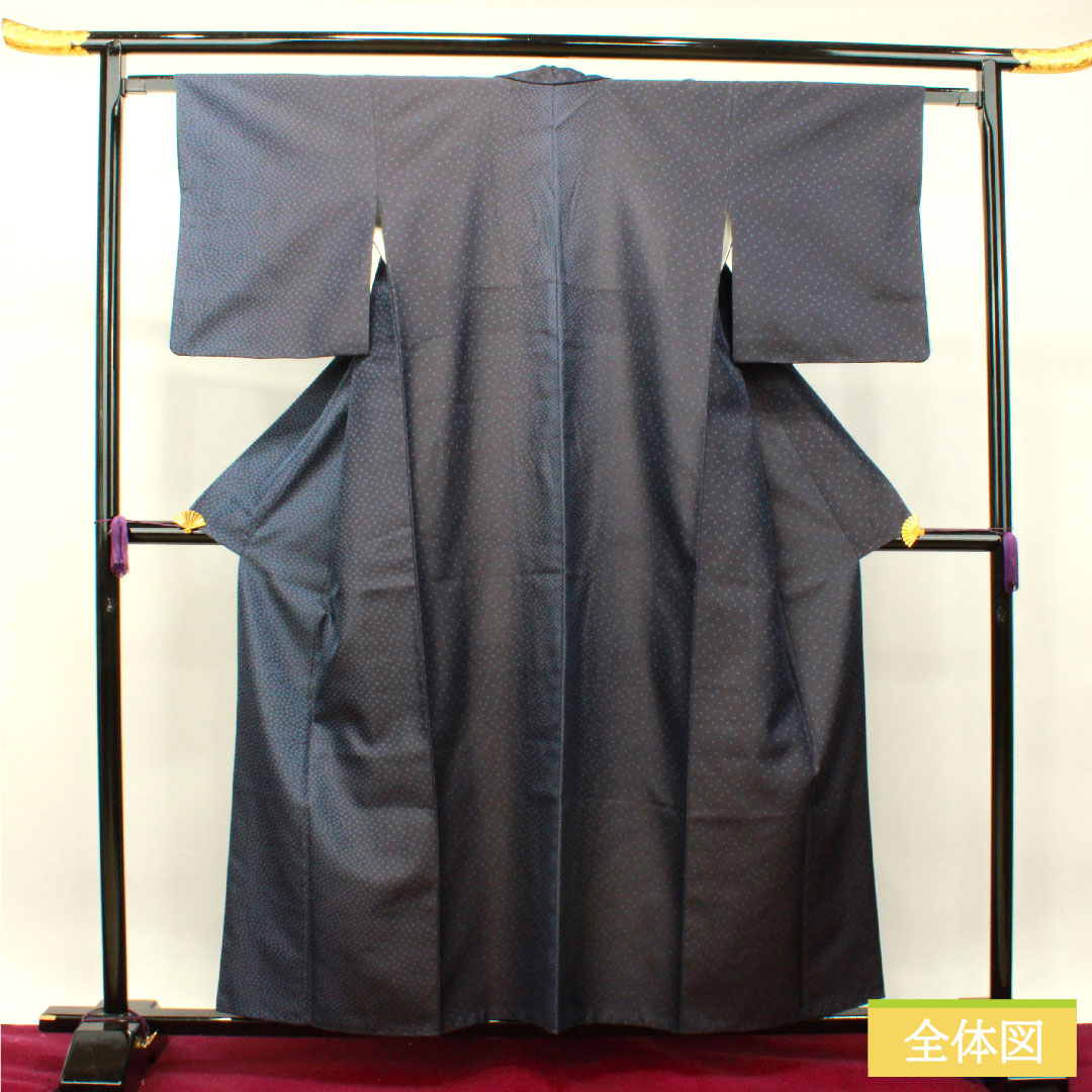 お召し 正絹 身丈157.5cm 裄丈61.5cm 菱屋六右衛門 風通お召 花びら Sランク 袷 紺系 1116003072318