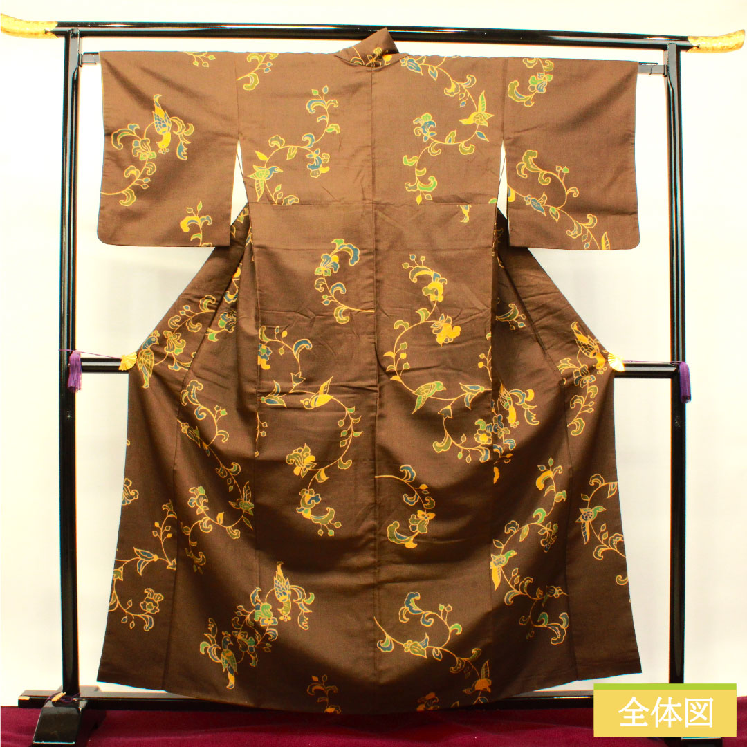 小紋 正絹 身丈162cm 裄丈64.5cm 袷 落栗色 更紗模様 Aランク 茶系 1115003863414