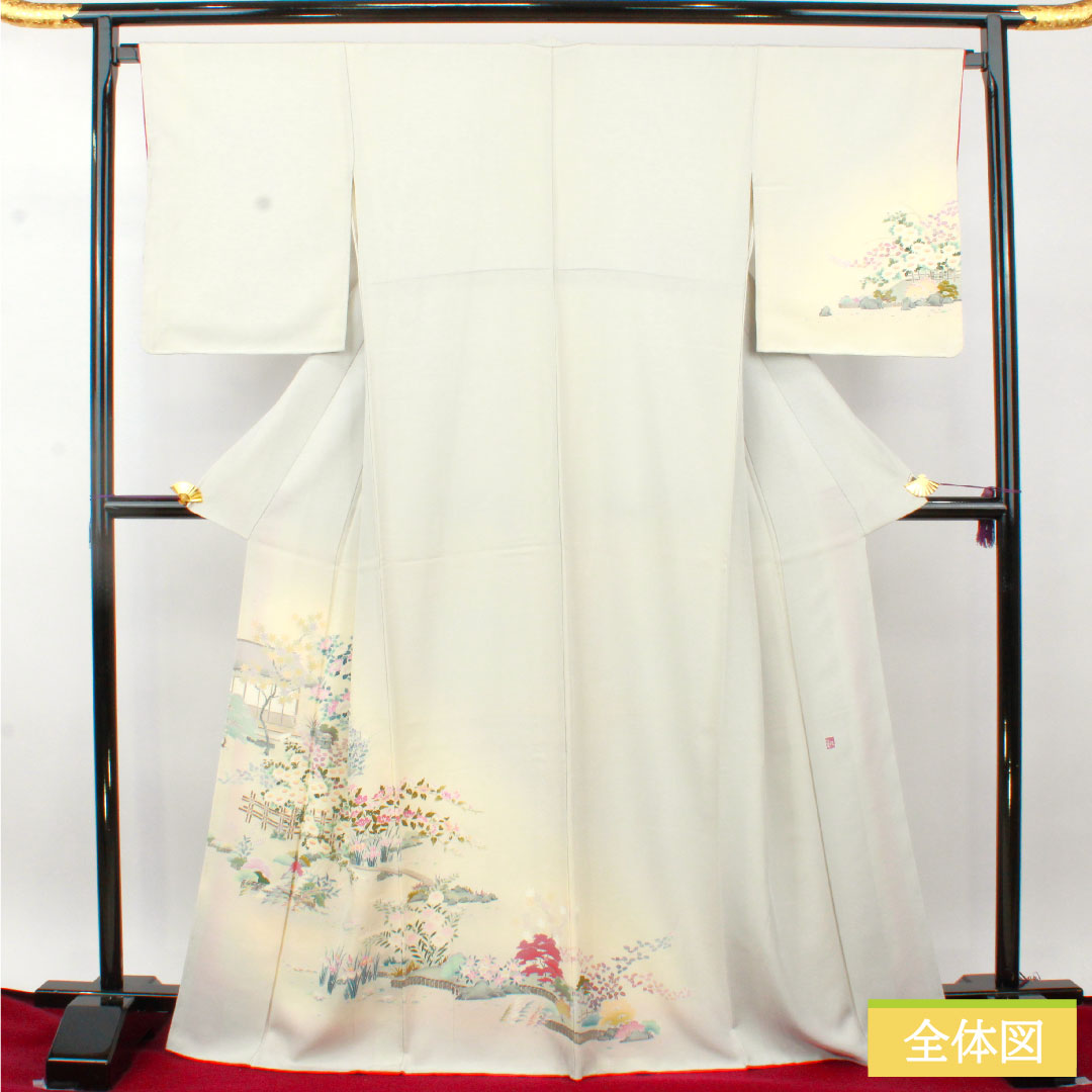 訪問着 正絹 袷 身丈168.5cm 裄丈68cm 銀白色(ぎんはくしょく) 加賀友禅 茶屋辻模様 作家物 Aランク グレー系 1112004743522